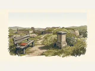 Un monumento sin inscripción y un libro cerrado sobre un banco aparecen en un paisaje de antiguas fortificaciones.
