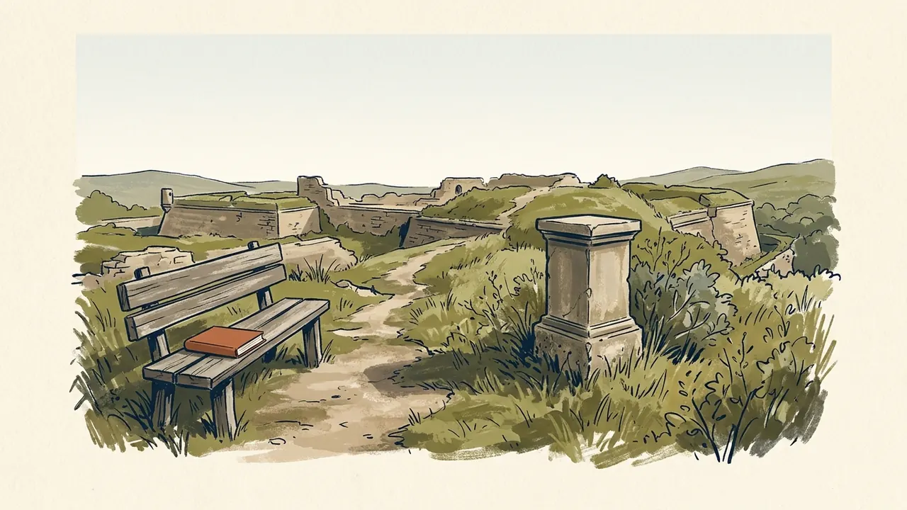 Un monumento sin inscripción y un libro cerrado sobre un banco aparecen en un paisaje de antiguas fortificaciones.