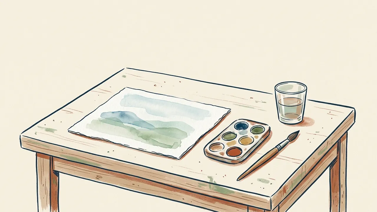 Mesa con un paisaje pintado en acuarela, paleta, pincel y vaso de agua.