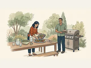 Dos vecinos preparan verduras asadas y una mesa en el jardín.
