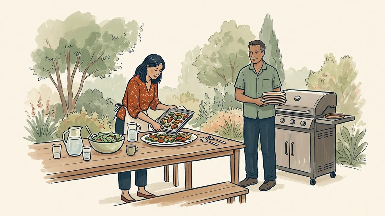 Dos vecinos preparan verduras asadas y una mesa en el jardín.