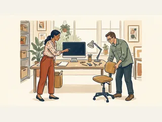 Dos profesionales revisan una pantalla y ajustan una silla de trabajo.