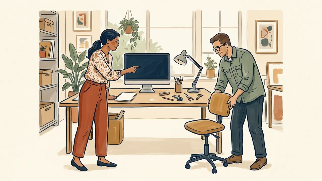 Dos profesionales revisan una pantalla y ajustan una silla de trabajo.