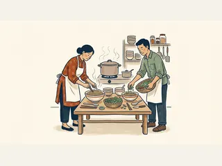 Dos personas preparan cuencos de fideos y verduras en una cocina.