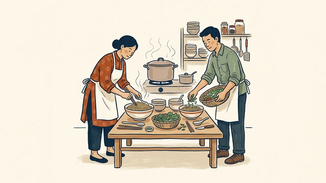 Dos personas preparan cuencos de fideos y verduras en una cocina.