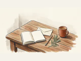 Cuaderno abierto en blanco, sobre, lápiz, rama de olivo y taza sobre una mesa.