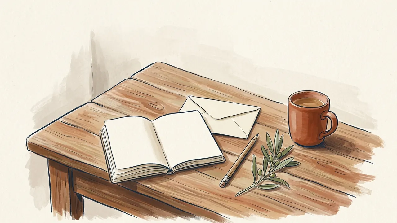 Cuaderno abierto en blanco, sobre, lápiz, rama de olivo y taza sobre una mesa.