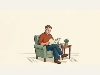 Hombre con camisa teja leyendo un libro en un sillón verde, junto a una mesa con dos libros y una planta.