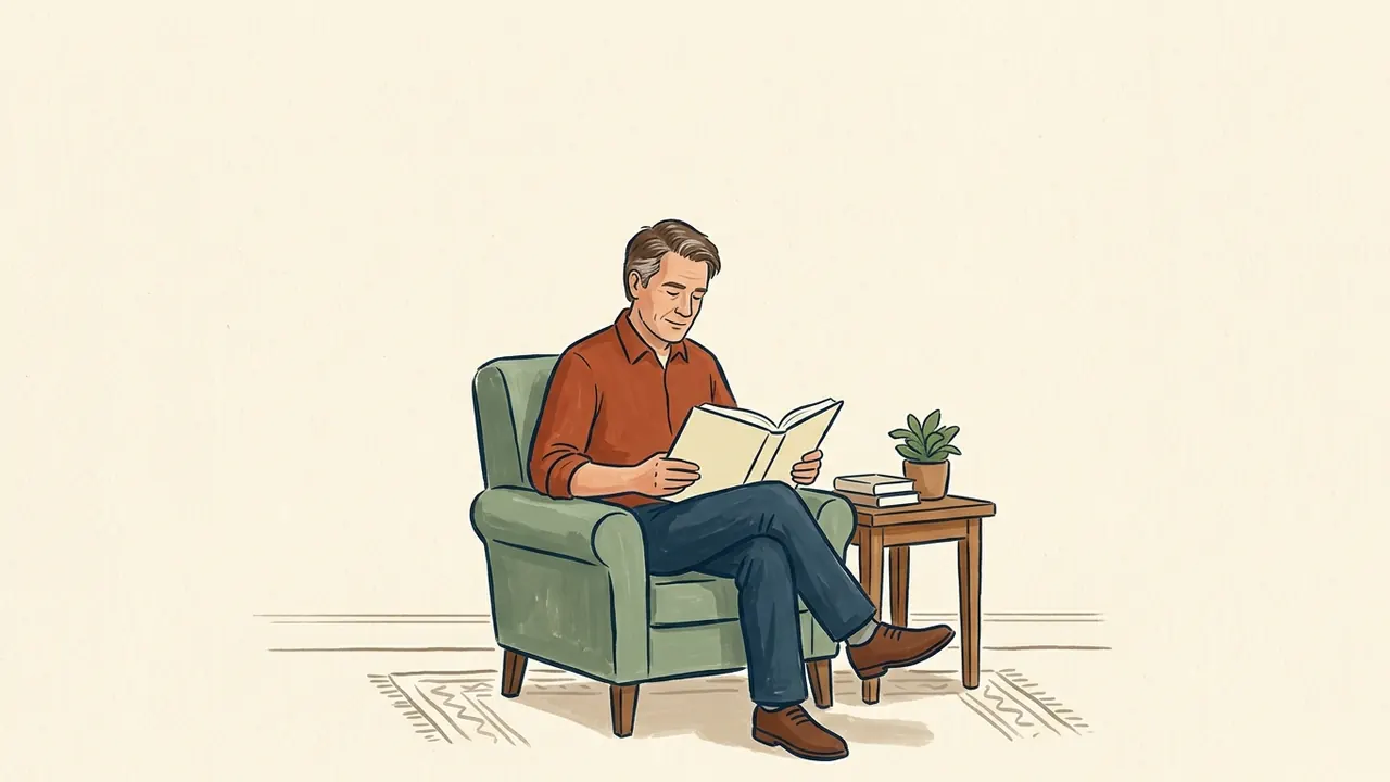 Hombre con camisa teja leyendo un libro en un sillón verde, junto a una mesa con dos libros y una planta.