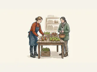 Dos mujeres presentan peras verdes y rojizas en un mercado.