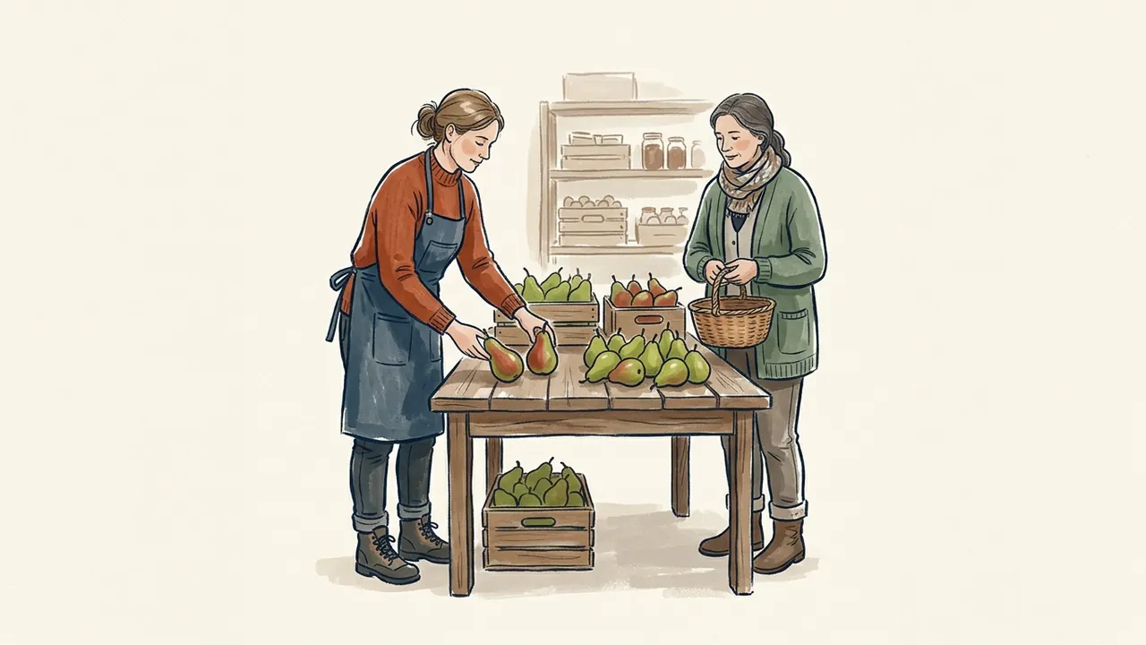 Dos mujeres presentan peras verdes y rojizas en un mercado.
