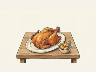 Pollo asado en una fuente con un cuenco de patatas y romero.