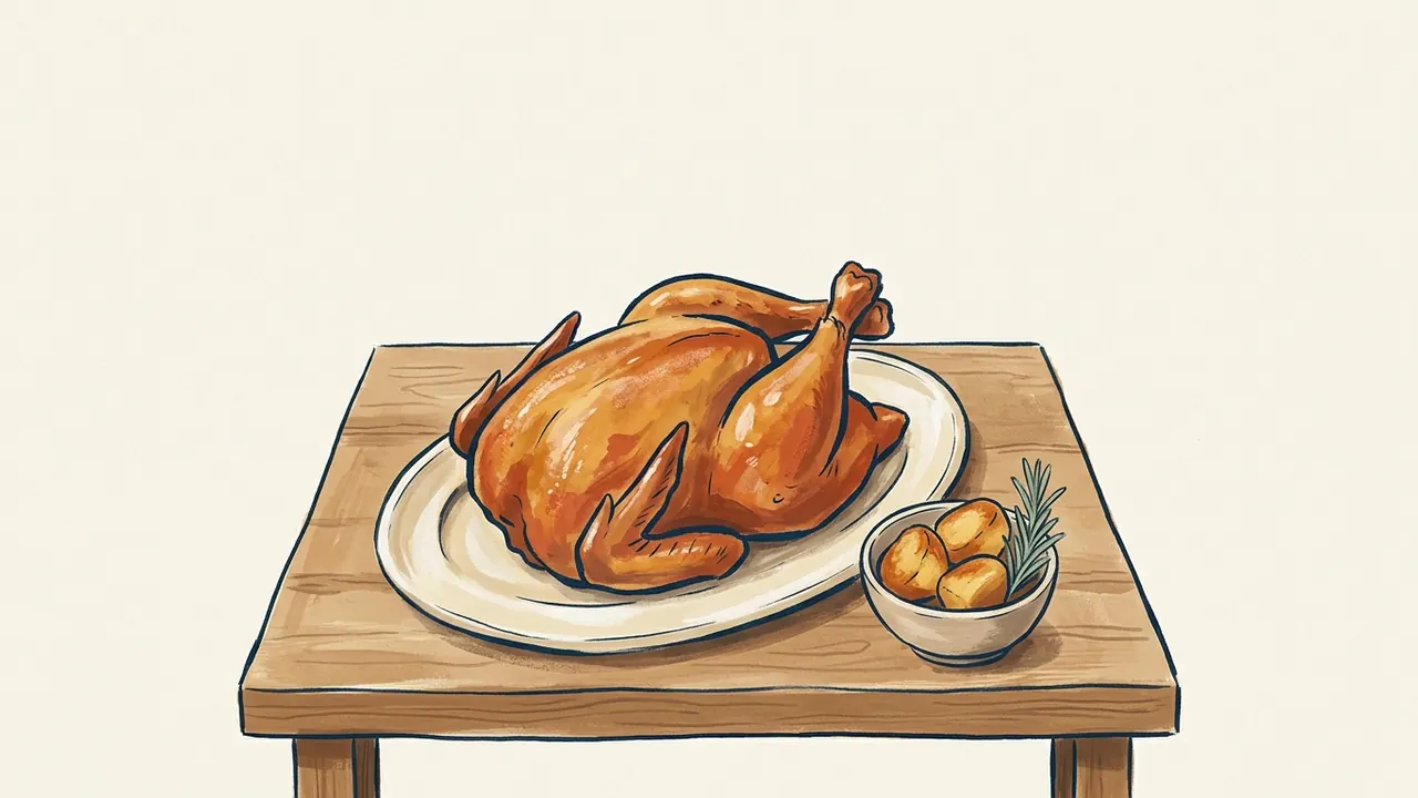 Pollo asado en una fuente con un cuenco de patatas y romero.
