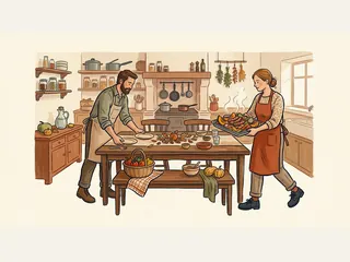 Dos cocineros preparan una mesa con salchichas y verduras cocinadas.