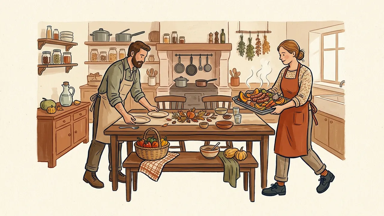 Dos cocineros preparan una mesa con salchichas y verduras cocinadas.