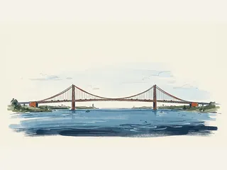 Un puente colgante une dos orillas sobre un amplio estrecho de agua azul.