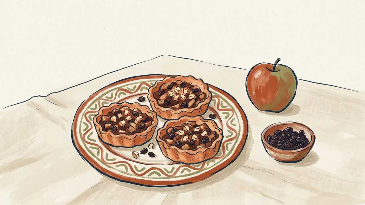 Tres tartaletas de relleno de fruta sobre un plato, junto a una manzana y un cuenco de pasas.