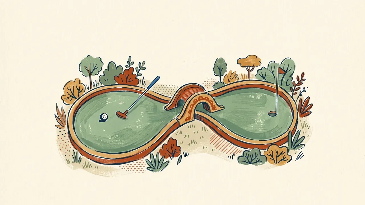 Un recorrido de minigolf con pequeño puente, pelota, palo y banderín.