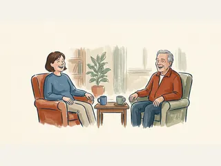 Mujer y hombre riendo durante una conversación junto a una mesa con dos tazas.