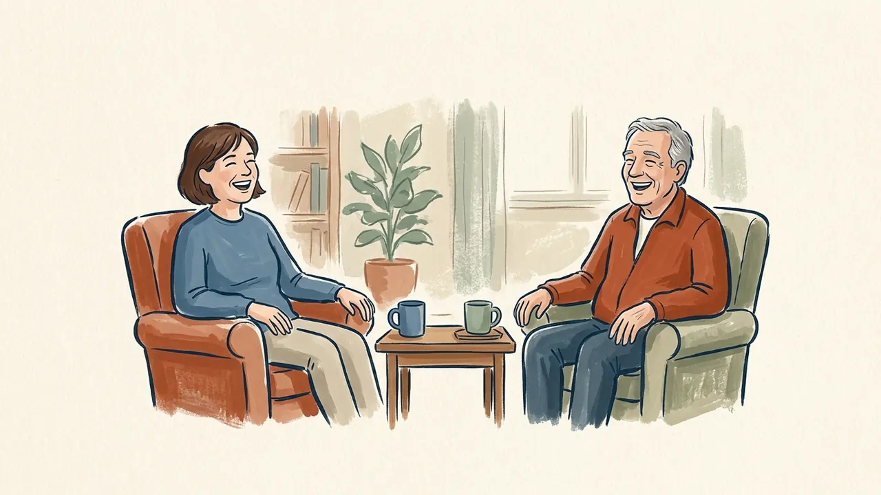 Mujer y hombre riendo durante una conversación junto a una mesa con dos tazas.