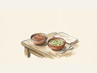 Dos cuencos con preparaciones cremosas, una cuchara y un paño sobre una mesa.