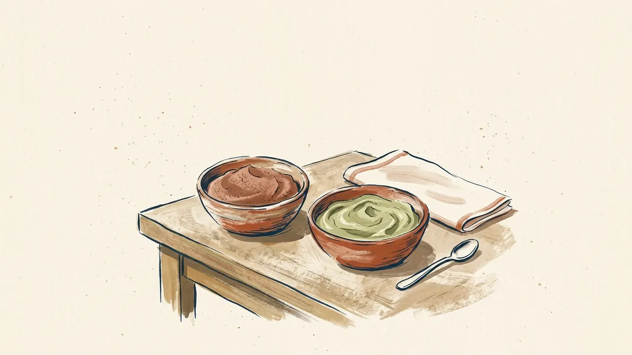 Dos cuencos con preparaciones cremosas, una cuchara y un paño sobre una mesa.