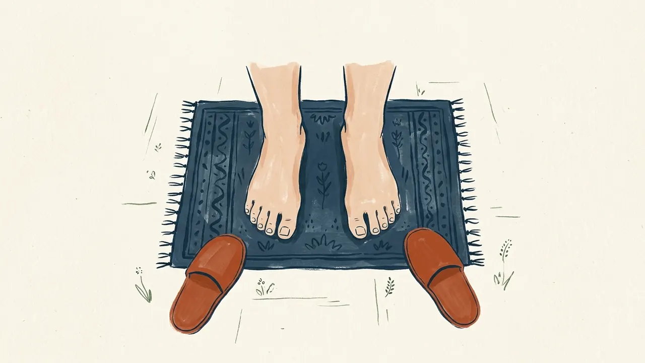 Dos pies descalzos sobre una alfombra azul, con unas zapatillas al lado.