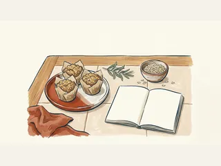 Tres muffins, un cuenco de copos de avena y un cuaderno en blanco sobre una mesa.