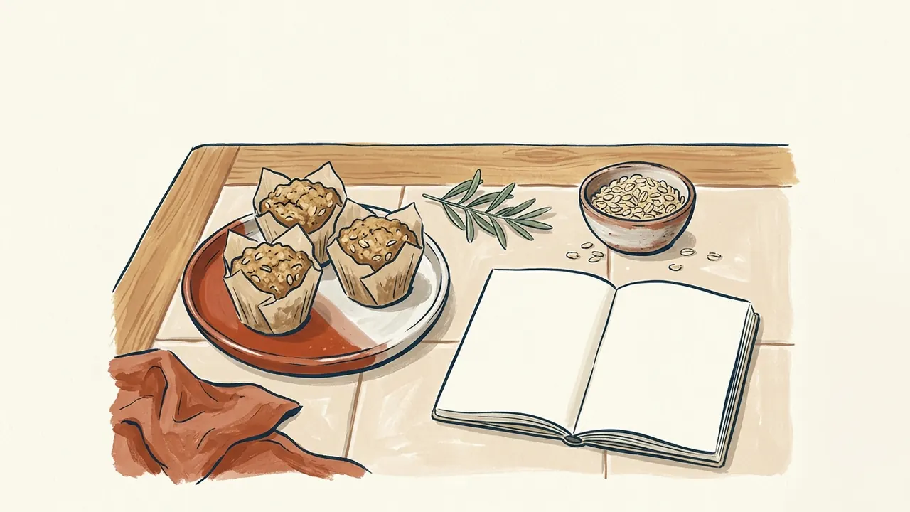 Tres muffins, un cuenco de copos de avena y un cuaderno en blanco sobre una mesa.