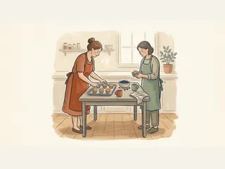 Dos adultas preparan una bandeja de muffins con arándanos.