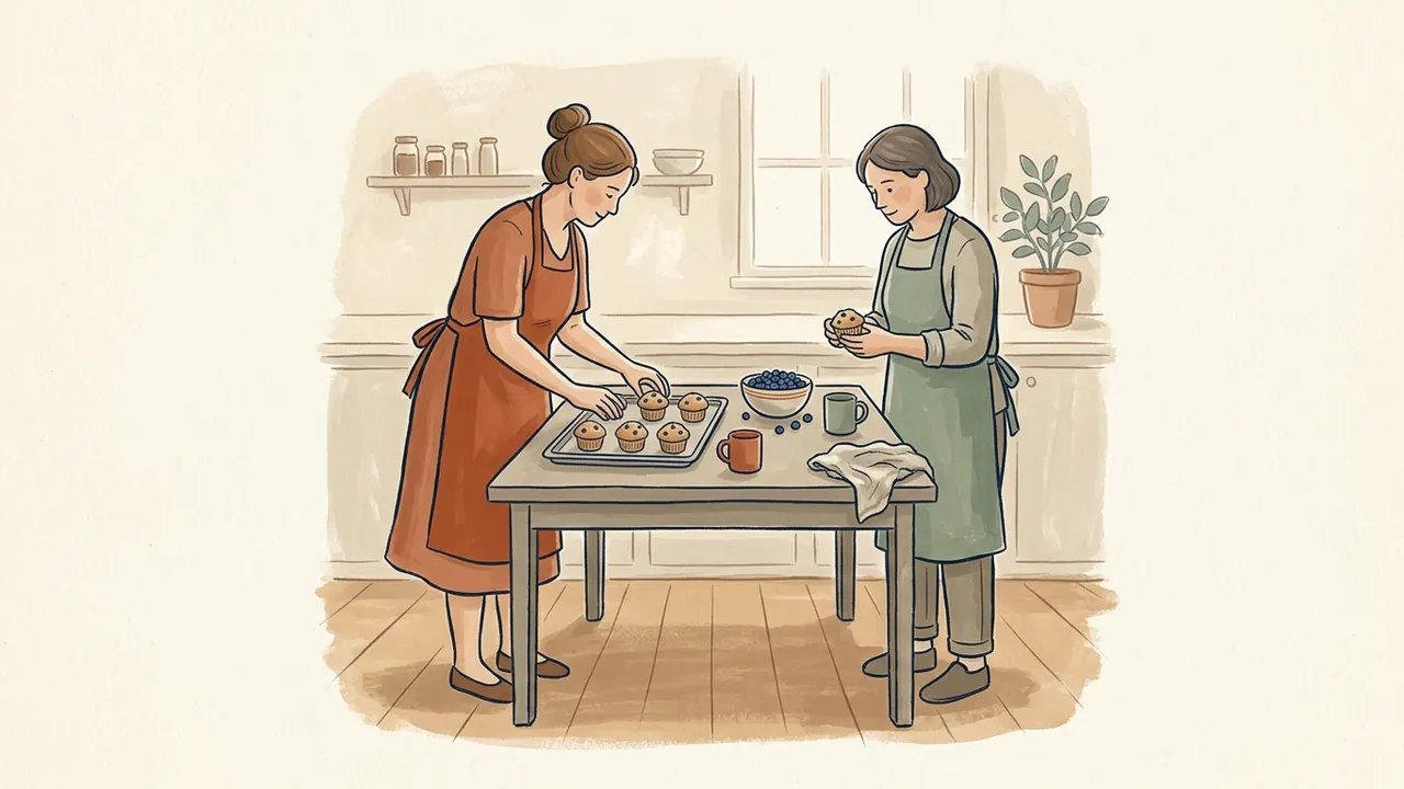 Dos adultas preparan una bandeja de muffins con arándanos.