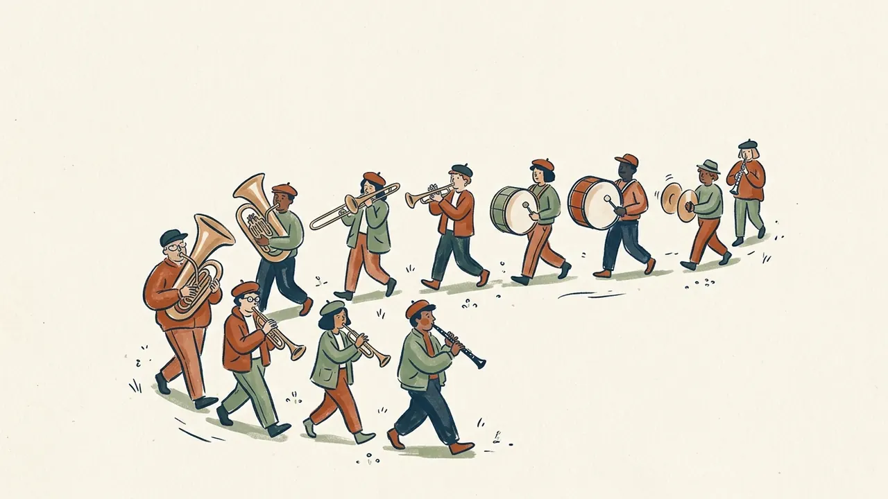 Una banda desfila con instrumentos de viento y percusión en una composición ilustrada.