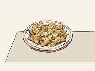 Plato de nachos ilustrados con queso y rodajas verdes sobre una mesa.