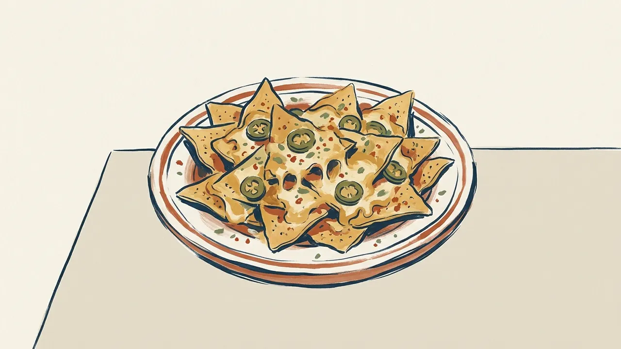 Plato de nachos ilustrados con queso y rodajas verdes sobre una mesa.