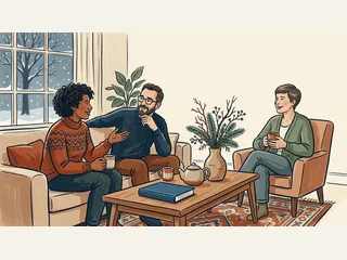 Tres personas conversan junto a tazas, un libro cerrado y una rama decorativa en una sala de invierno.
