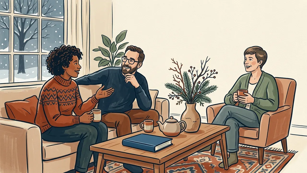 Tres personas conversan junto a tazas, un libro cerrado y una rama decorativa en una sala de invierno.