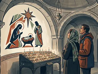 Dos personas contemplan una representación estilizada de la Natividad junto a velas en una iglesia ficticia.