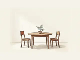 Mesa redonda con dos sillas vacías y una rama de olivo en un cuenco central.