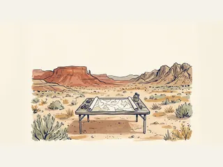 Una mesa de campo con un mapa y material de observación se sitúa ante un paisaje desértico de mesetas y montañas.