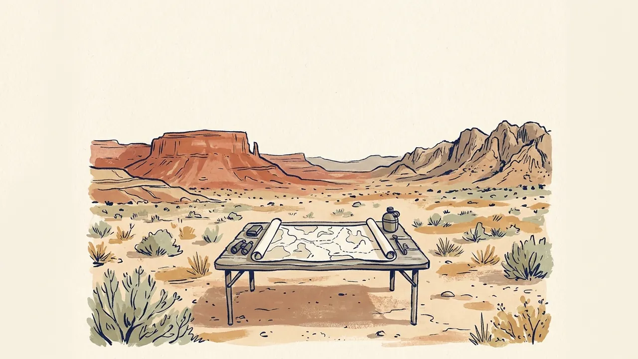 Una mesa de campo con un mapa y material de observación se sitúa ante un paisaje desértico de mesetas y montañas.