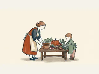 Una persona adulta y un niño con delantales organizan verduras y un cuenco sobre una mesa baja.