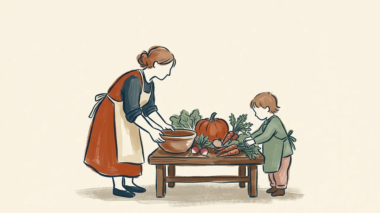 Una persona adulta y un niño con delantales organizan verduras y un cuenco sobre una mesa baja.
