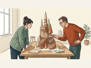 Dos personas observan una maqueta de papel con formas geométricas altas sobre una mesa de trabajo.