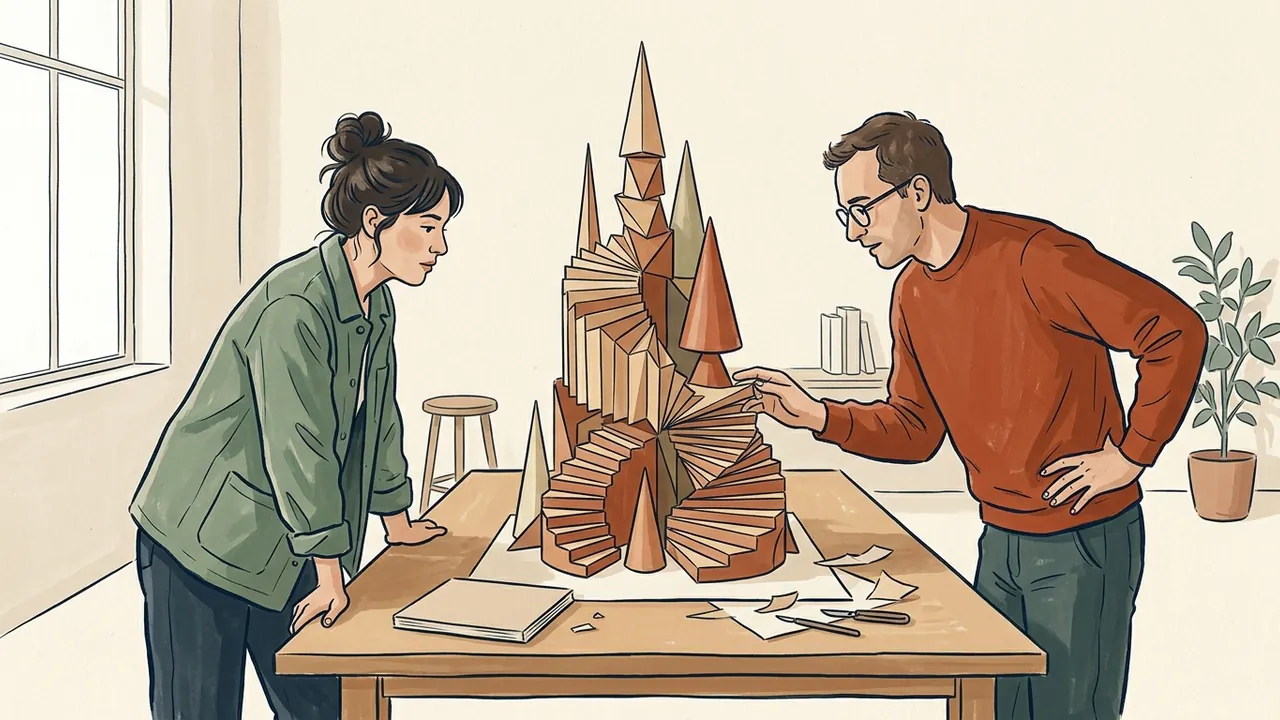 Dos personas observan una maqueta de papel con formas geométricas altas sobre una mesa de trabajo.