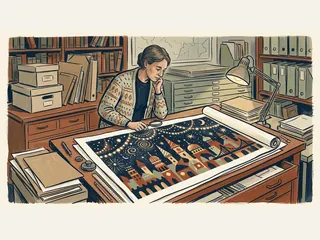 Una persona examina una ilustración imaginaria de luces festivas y edificios sobre una mesa de archivo.