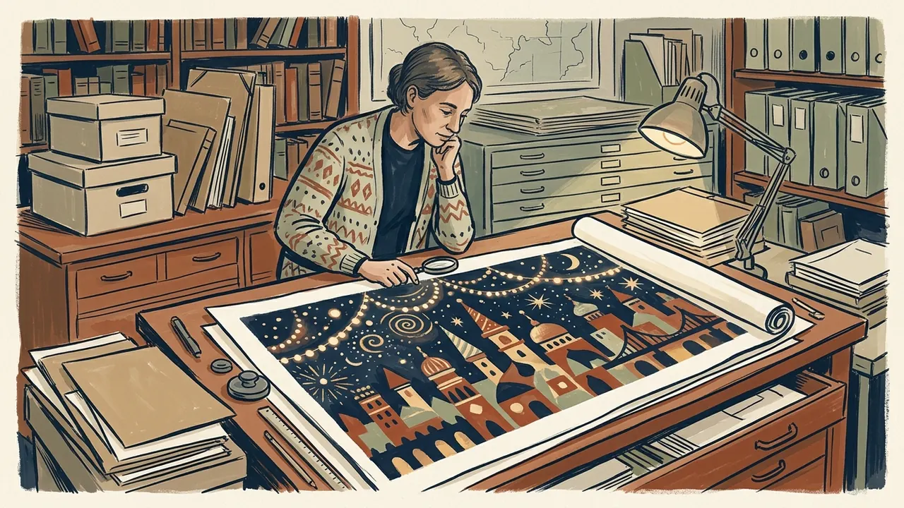 Una persona examina una ilustración imaginaria de luces festivas y edificios sobre una mesa de archivo.