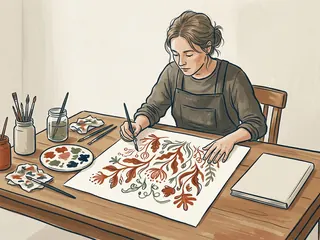 Una persona pinta una composición original de formas vegetales rojas y verdes sobre papel.