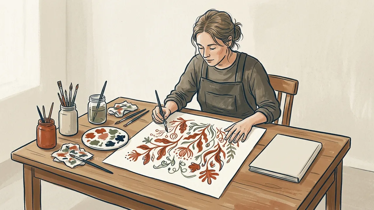 Una persona pinta una composición original de formas vegetales rojas y verdes sobre papel.