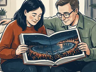 Dos personas observan un álbum con una ilustración de una costa iluminada de noche.