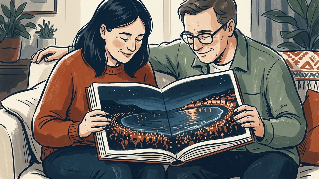 Dos personas observan un álbum con una ilustración de una costa iluminada de noche.